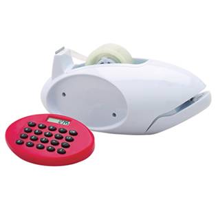 DISPENSADOR DE TAPE DISEÑO BALLENA CON CALCULADORA ROJA