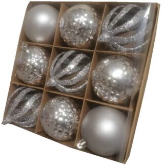 SET DE BOMBAS NAVIDEÑAS 9 PC PLATEADAS 8 CM