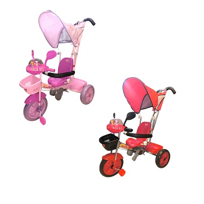 TRICICLO 90 LARGO 60 ALTO CON TAPA SOL ROJO Y ROSADO