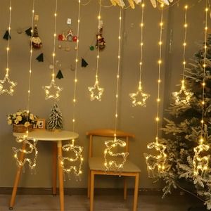 Luces LED de cascada, renos y estrellas amarillas