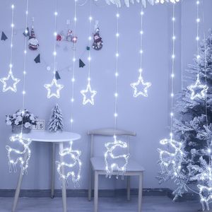 Luces LED de cascada, renos y estrellas blancas