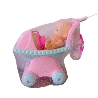 JUEGO BEBE Y CARUAJE CON ACCESORIOS DE PLASTICO 12 CM