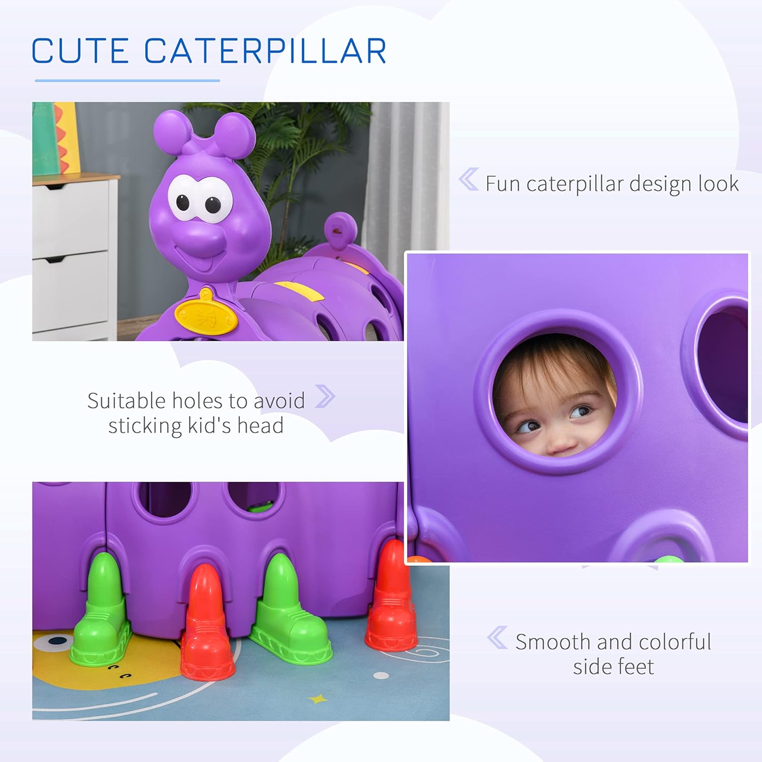Qaba Caterpillar Tunnel, Toddler Tunnel for Kids Crawl and Climb Through, Kids' Play Structure Indoor Outdoor, 2 Sections, Purple 2 Sections Purple - Imagen de 2