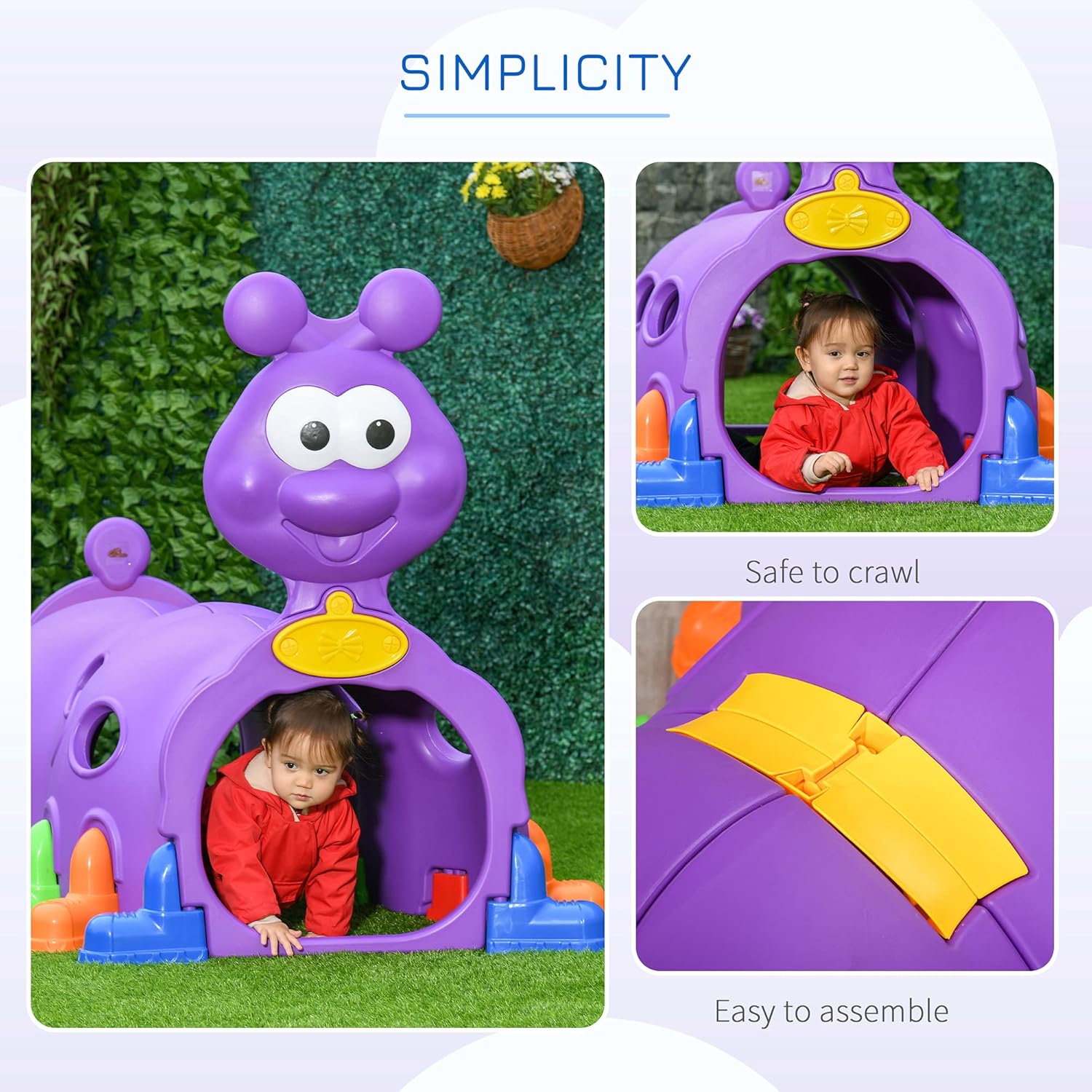 Qaba Caterpillar Tunnel, Toddler Tunnel for Kids Crawl and Climb Through, Kids' Play Structure Indoor Outdoor, 2 Sections, Purple 2 Sections Purple - Imagen de 3