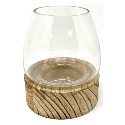 RECIPIENTE DE VIDRIO CON BASE DE MADERA 15 CM